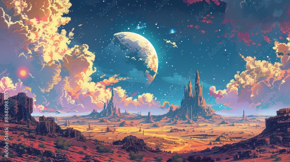 Fototapeta premium A surreal, otherworldly landscape with towering rock formations, a glowing moon, and a vibrant sky filled with stars.