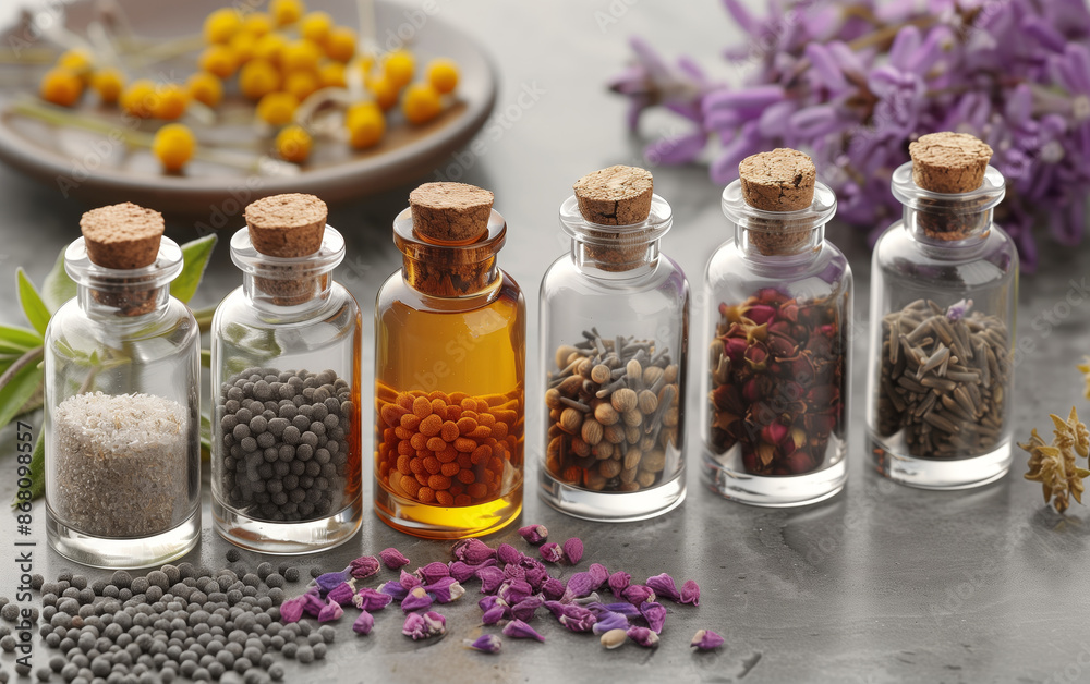 Small glass bottles filled with various colorful spices and herbs, arranged on a table with flowers and other decorative elements. Small glass bottles filled with various colorful spices and herbs, arranged on a table with flowers and other decorative elements.