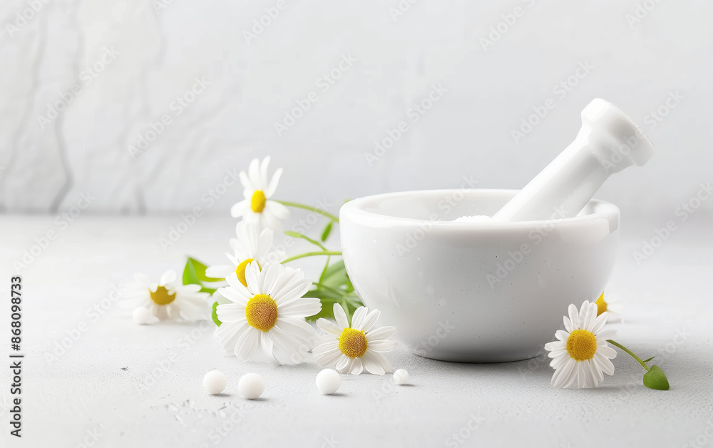 White mortar and pestle with chamomile flowers on a light background, representing natural medicine and herbal remedies. White mortar and pestle with chamomile flowers on a light background, representing natural medicine and herbal remedies.