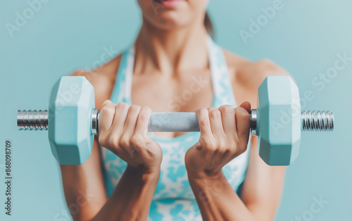 Woman lifting hexagonal dumbbells during workout session. A close-up focusing on strength training and fitness in a gym or home setting. photo