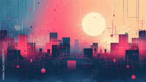 Wallpaper Mural Abstract futuristic cityscape at sunset with digital elements and a large, glowing orb. Torontodigital.ca
