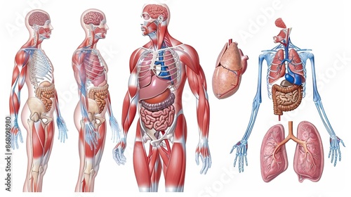 Detailed anatomical illustration of the human body, showcasing the muscular, skeletal, digestive, circulatory, and respiratory systems. photo