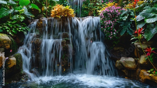A serene waterfall in a tropical rainforest, with vibrant green foliage and colorful flowers