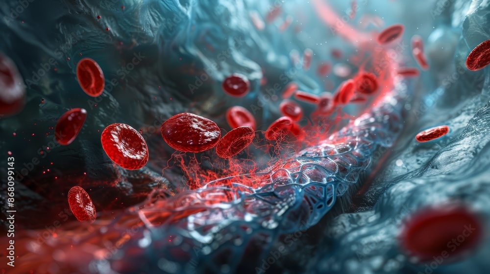 Fototapeta premium A microscopic view of red blood cells flowing through a blood vessel.