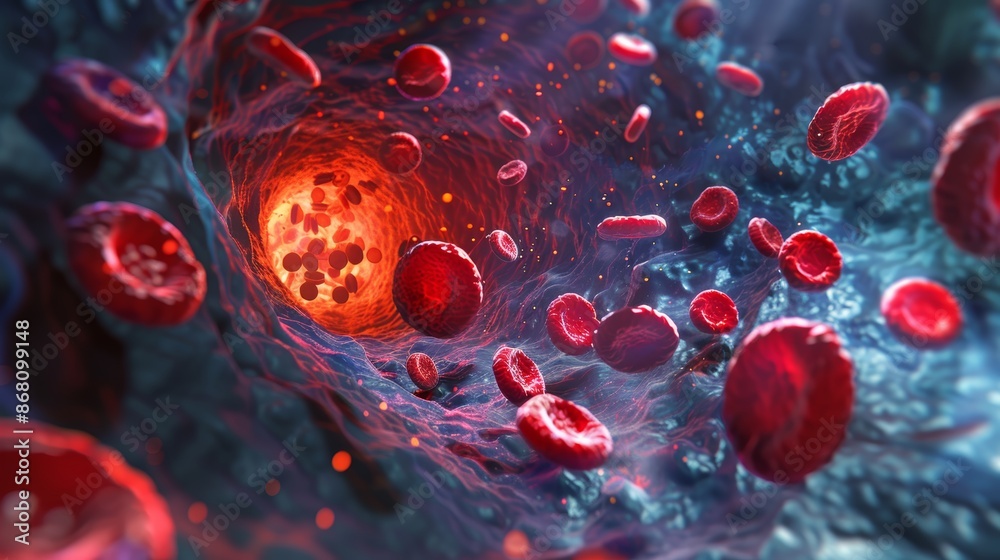 Microscopic view of red blood cells flowing through a vein. The cells are vibrant red against a blue background. The image has a futuristic feel. Microscopic view of red blood cells flowing through a vein. The cells are vibrant red against a blue background. The image has a futuristic feel.