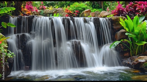 A serene waterfall in a tropical rainforest, with vibrant green foliage and colorful flowers