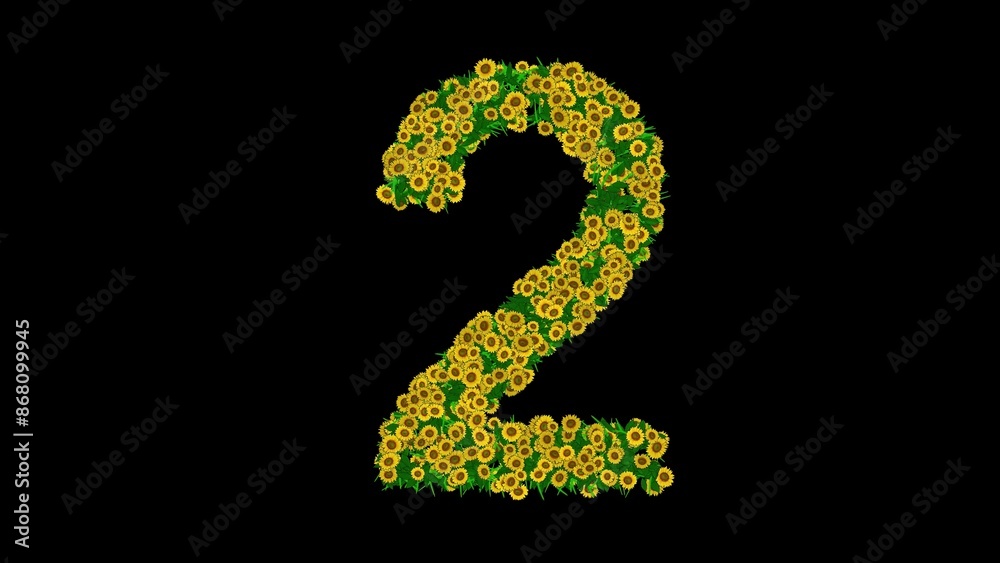Number 2 with green leaves and yellow daisy flowers on plain black background Number 2 with green leaves and yellow daisy flowers on plain black background