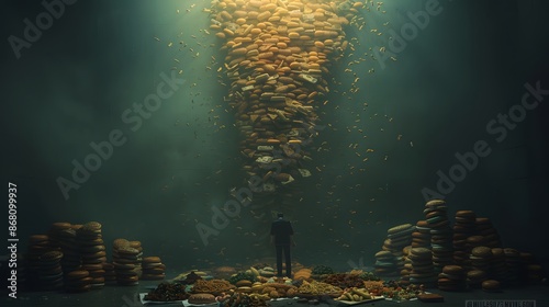 Expressionism of a man suffering from Pica syndrome, devouring food with a stockpile of food around. Up32K HD.