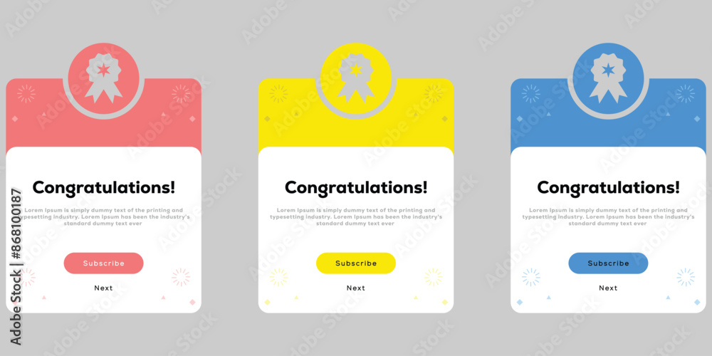 Success pop up notification icon. Congratulation flash message sign. Success popup window ui design Success pop up notification icon. Congratulation flash message sign. Success popup window ui design