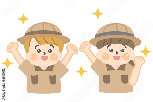 ガッツポーズをする探検服を着た子供達の上半身イラスト
