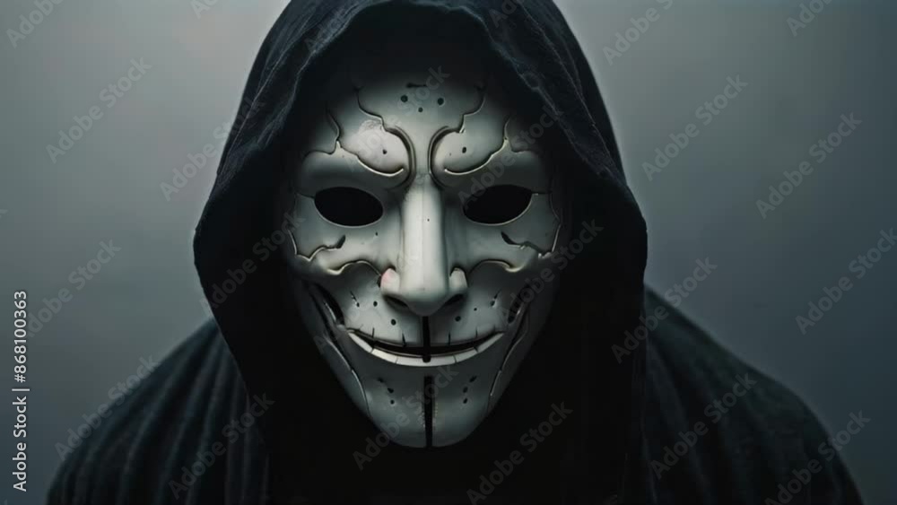 A person wearing a black hooded cloak and a sinister mask stands against a dark background A person wearing a black hooded cloak and a sinister mask stands against a dark background