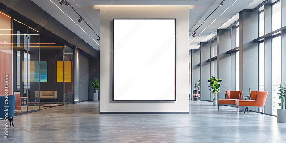 Large Blank Poster Frame in Modern Office Lobby with Orange Chairs and Glass Walls