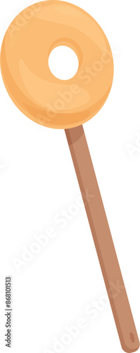 Round donut glazed on wooden stick being dipped in chocolate, top view, isolated on white background