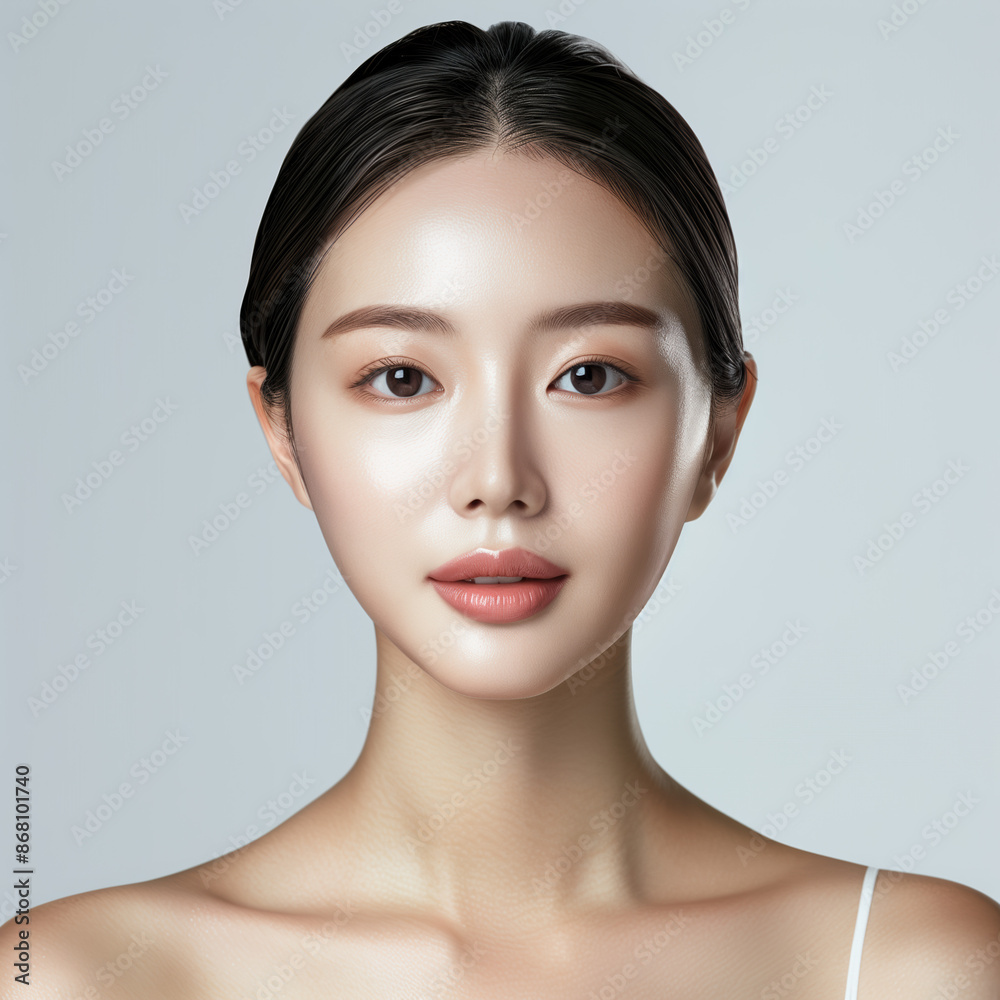 Isolated Portrait of Korean Woman with Flawless Skin and Algae Extract