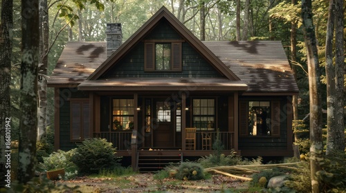 cottage in the woods with dark chocolate brown Bahama shutters, blending with the natural surroundings © Ramzan