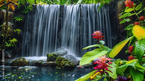 A serene waterfall in a tropical rainforest, with vibrant green foliage and colorful flowers