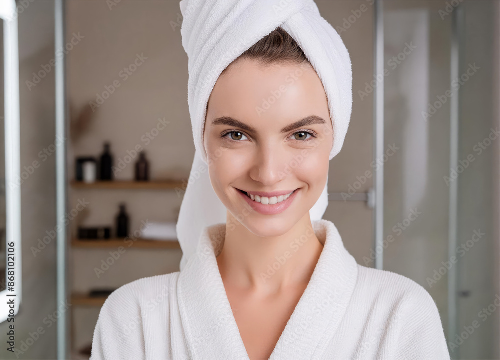Young woman standing and smiling in bathroom after shower Young woman standing and smiling in bathroom after shower