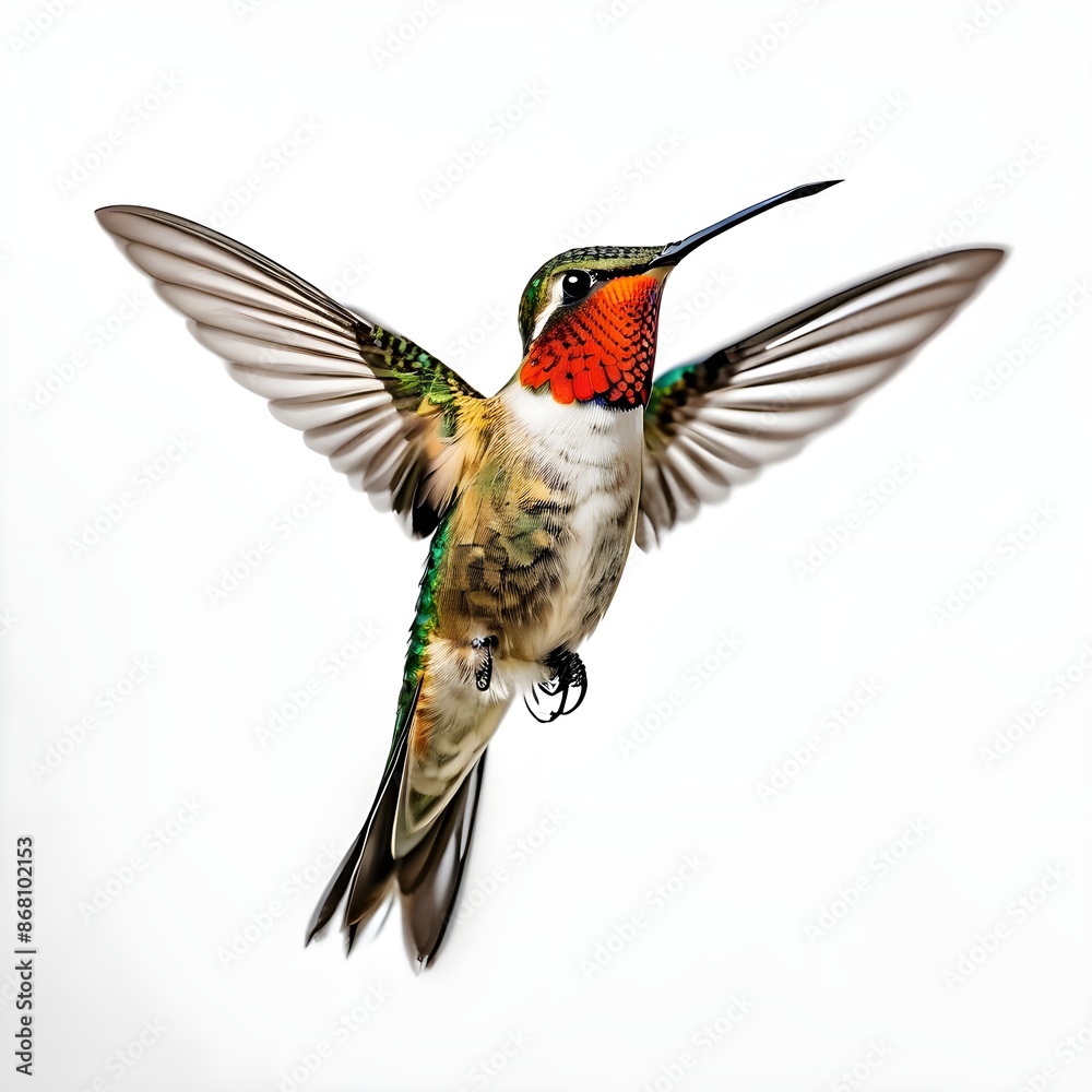 Obraz premium hummingbird on a branch, A Captivating Portrait of a Hummingbird on a White Background, Highlighting Its Graceful Movements and Elegant Form