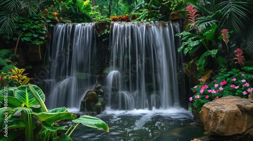 A serene waterfall in a tropical rainforest, with vibrant green foliage and colorful flowers