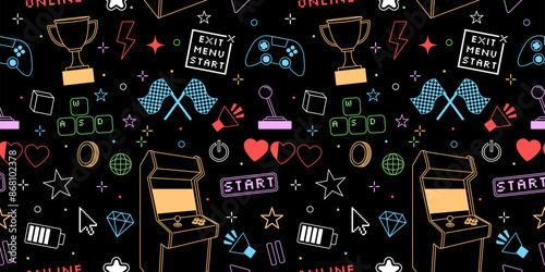 Game pattern seamless. Gamer kid. Graphic control joystick. Tee shirt repeated print. Arcade gamepad and race flags. Computer cursor and playing keypad buttons. Retro line icons. Vector background