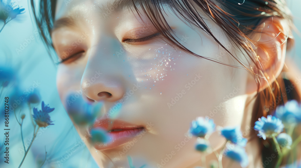 Serene South Korean Woman Using Blue Tansy Extract, Morning Skincare Routine Serene South Korean Woman Using Blue Tansy Extract, Morning Skincare Routine