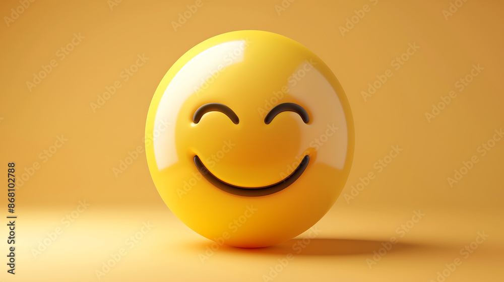 3D render of a yellow smiley face emoji on a light orange background, in a low angle shot with soft lighting.
