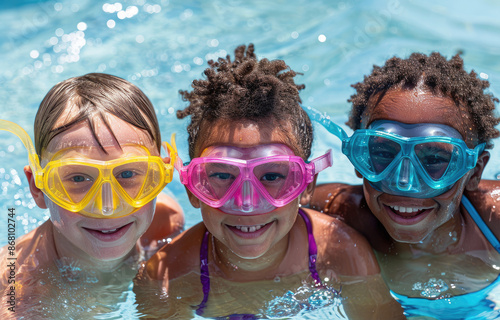 Three children in the pool, one boy with yellow goggles and a red tube around his neck, one girl with pink swimming goggles and a white headpiece of material on her head wearing a blue diving mask © Kien