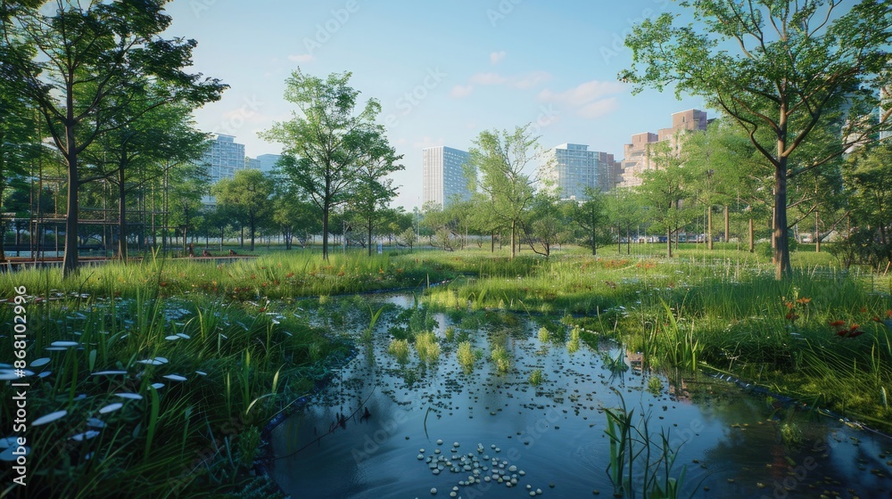 A serene wetland park in the middle of a city, designed to absorb excess rainfall and provide habitat for wildlife.