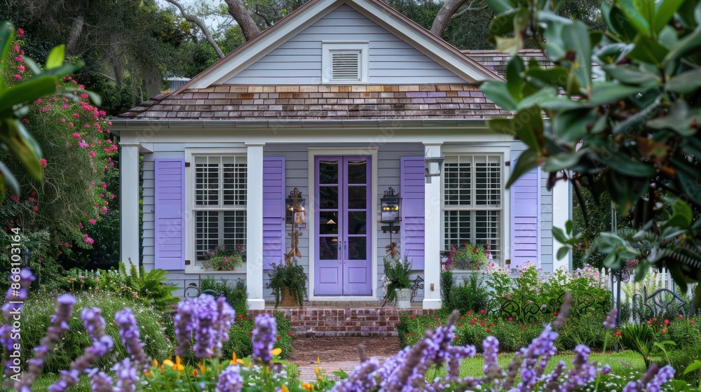 Fototapeta premium country home with soft lavender Bahama shutters, surrounded by blooming gardens