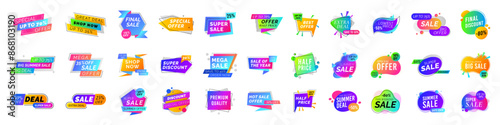 Tag sale set, shop label collection. Banner badge, price offer discount icon. Promotion special sticker. Stamp round and square, seal colorful minimal design, ribbon template. Vector buy garish coupon