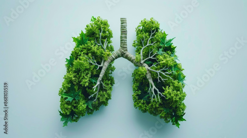 A pair of lungs made from green leaves and branches, symbolizing the importance of healthy air in breath subtly represented by trees growing inside each organ