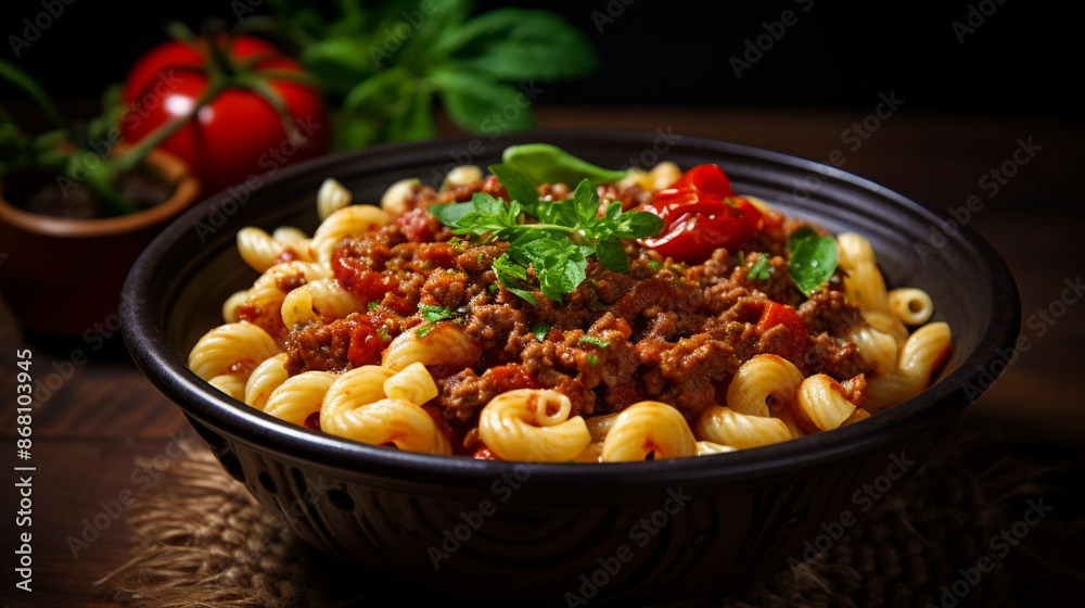 pasta with sauce, American Goulash, perfectly blended macaroni pasta with ground beef and tomato sauce in a bowl. food photography pasta with sauce, American Goulash, perfectly blended macaroni pasta with ground beef and tomato sauce in a bowl. food photography