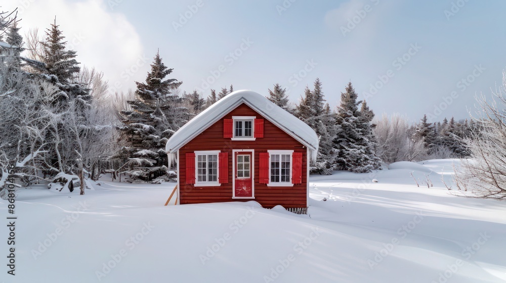cozy winter lodge with crimson red Bahama shutters, nestled in a snowy landscape cozy winter lodge with crimson red Bahama shutters, nestled in a snowy landscape