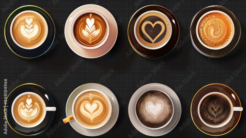 A set of top view images of coffee cups. A set of top view images of coffee cups.