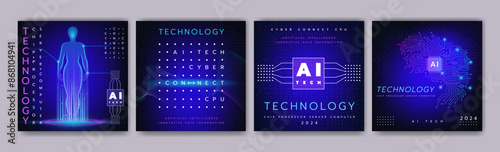AI tech poster. Chip processor future technology. Artificial intelligence semiconductor. Innovate data microchip. CPU glow. Computer server. Cyber brain education training. Vector design flyers set