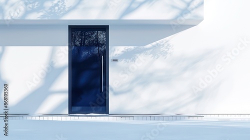 deep indigo door with high gloss finish on a minimalist white house, sophisticated and striking against the frost photo