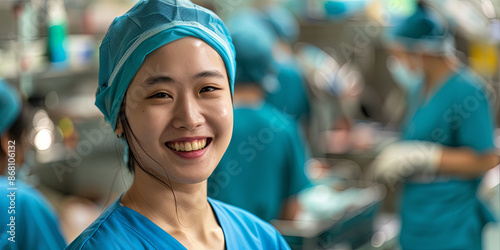 portrait of a smiling young Asian female nurse wearing blue scrubs and a hairnet, generative AI © VALUEINVESTOR