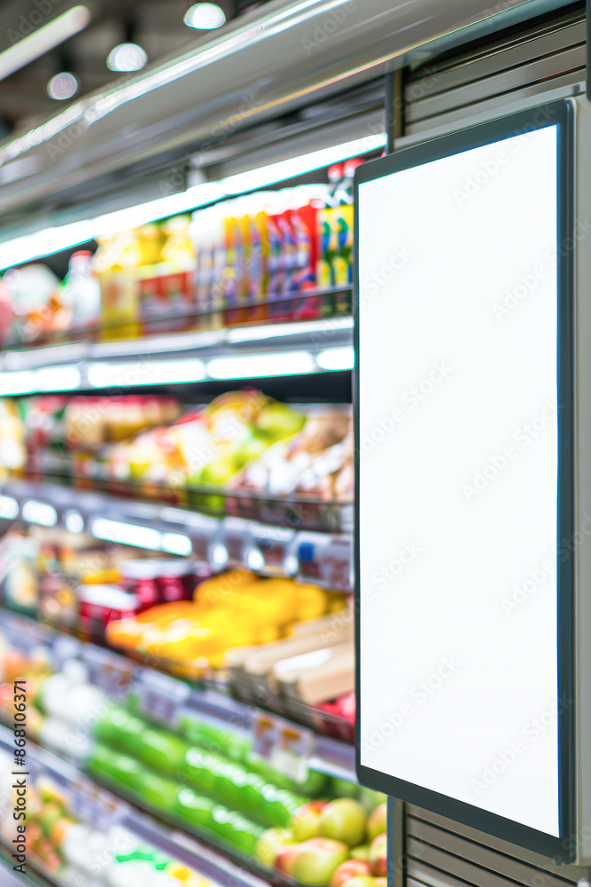 Empty Advertising Display Mockup in Supermarket Aisle, Marketing Strategy Concept Empty Advertising Display Mockup in Supermarket Aisle, Marketing Strategy Concept