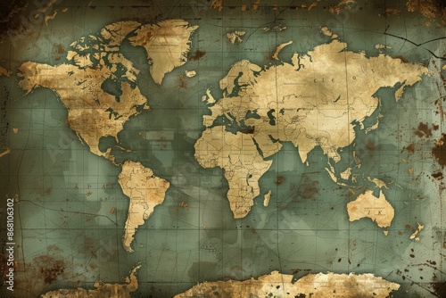 Antique old map of the caribbean sea islands and compass with vintage worn parchment grunge brown paper background