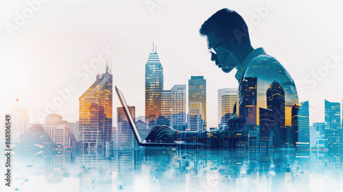 Double exposure of a man working on a laptop and a cityscape