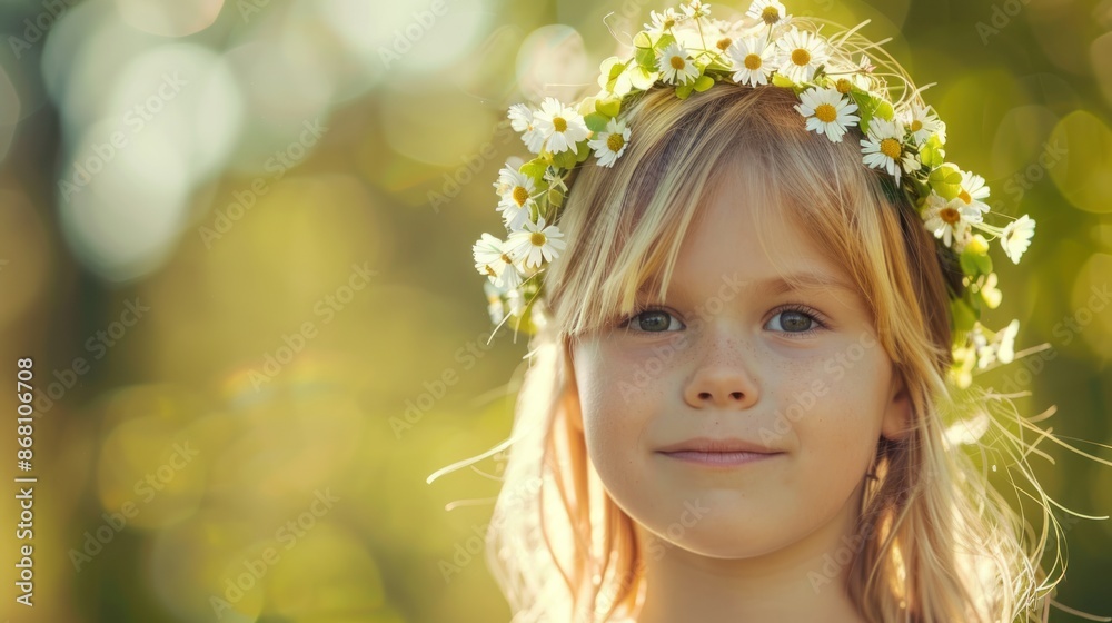 Fototapeta premium Adorable Swedish girl child Blonde in the sunlight Daisy Wreath summer solstice festival