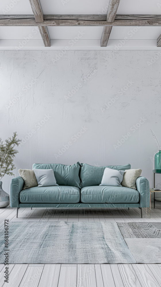 Obraz premium Minimalist living room interiors in turquoise color with minimal furniture and natural lighting.Interiors design composition concept image.