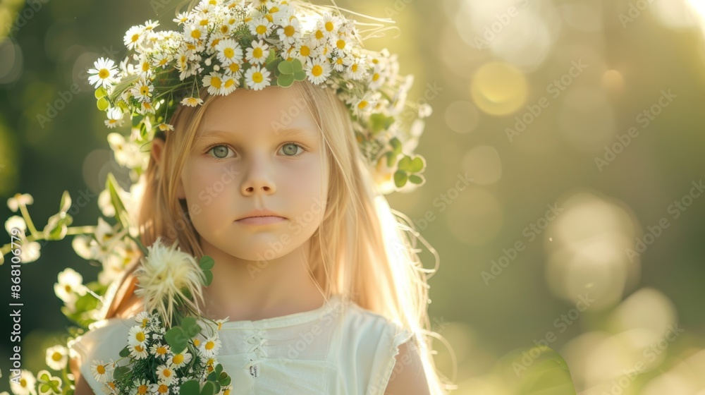 Adorable Swedish girl child Blonde in the sunlight Daisy Wreath summer solstice festival