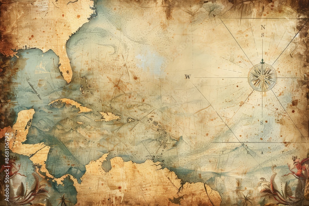 Antique old map of the caribbean sea islands and compass with vintage ...