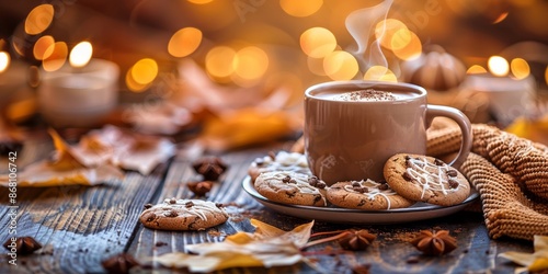 Cozy Autumn Scene with Hot Chocolate and Cookies in Warm Candlelight photo