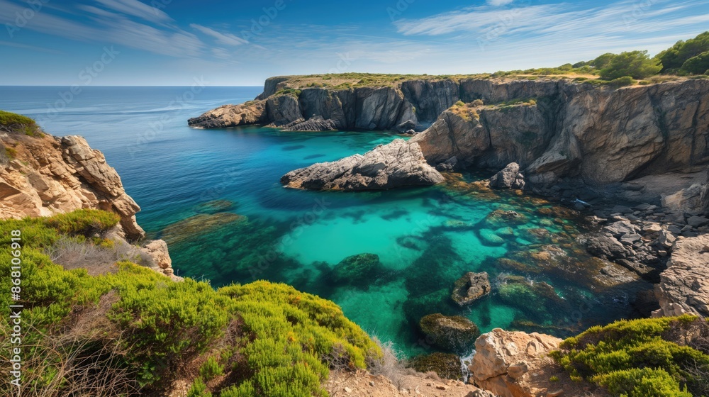 A stunning coastal view with a secluded cove, turquoise waters, and rugged cliffs. A stunning coastal view with a secluded cove, turquoise waters, and rugged cliffs.