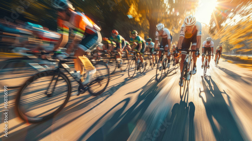 Wallpaper Mural A group of cyclists in professional gear race on the road in close-up golden hour light in the style of professional photography Torontodigital.ca
