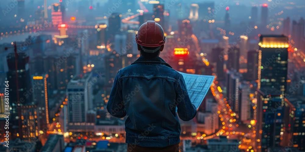 Architect Overlooking a Vibrant Cityscape at Night with a Blueprint in Hand Architect Overlooking a Vibrant Cityscape at Night with a Blueprint in Hand