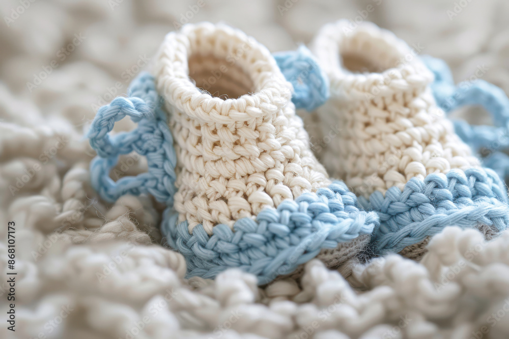 A pair of baby shoes made of yarn and crocheted together A pair of baby shoes made of yarn and crocheted together