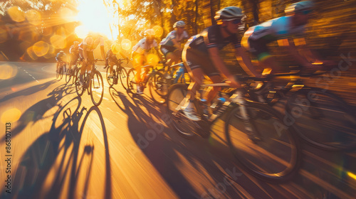A group of cyclists in professional gear race on the road in close-up golden hour light in the style of professional photography